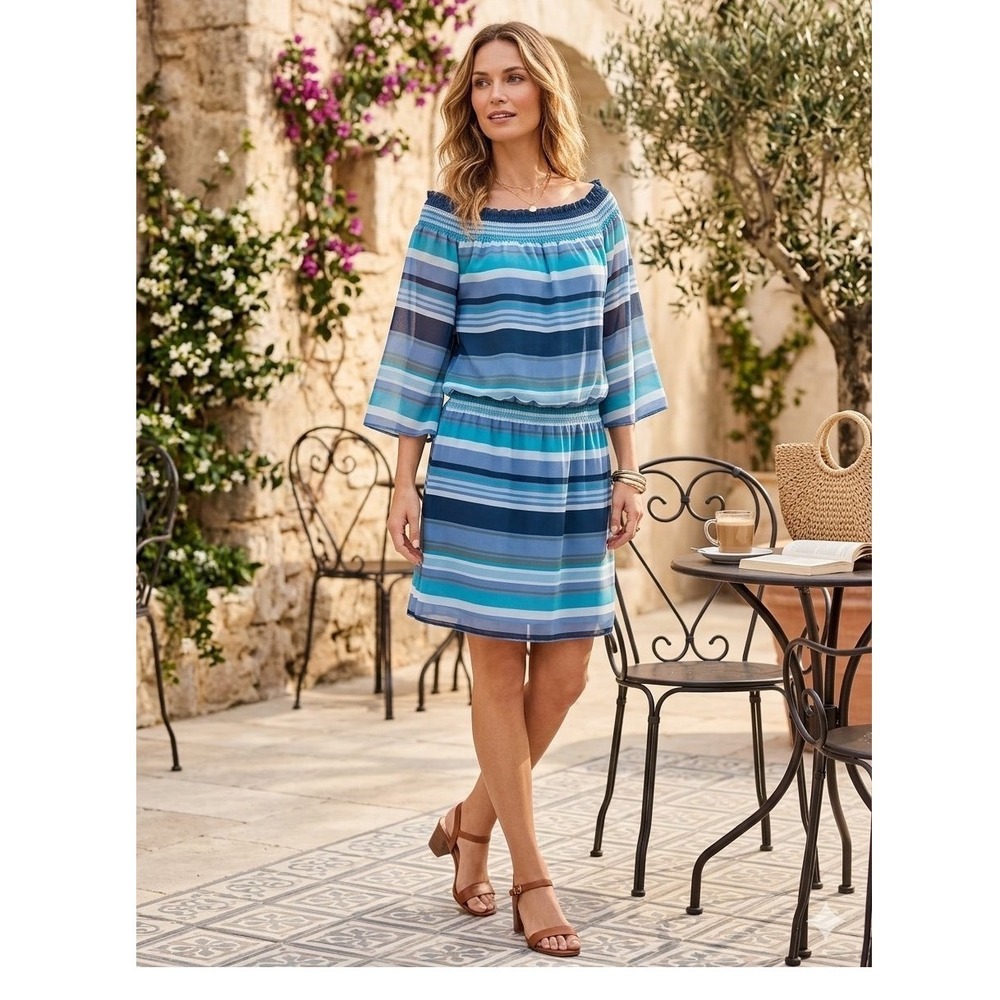 Allen B. Allen Schwartz Blue Striped Off Shoulder Blouson Mini Dress Sz 6
